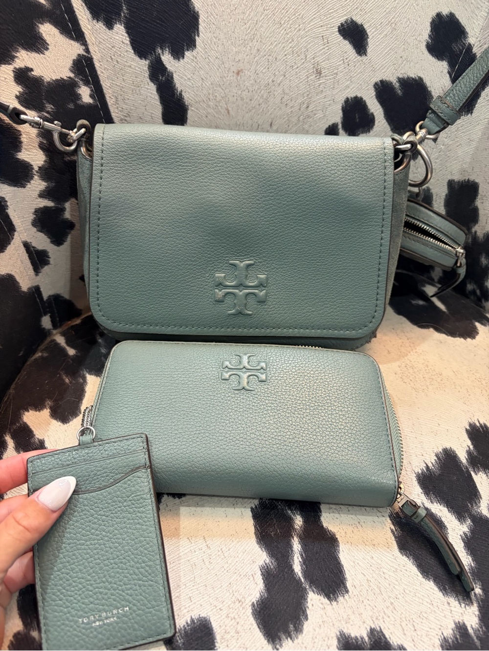 Tory Burch Seafoam Green Leather Crossbody with Wallet & Card Holder
